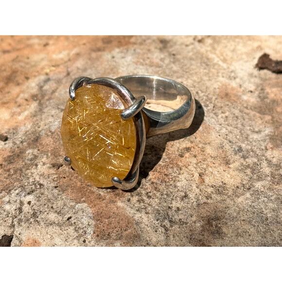 Gold Rutile Quartz Princess Ring Handmade Heavy Sterling 925 Silver US Size 7.5 - Picture 9 of 9
